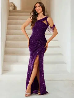 Sheath/Column One-Shoulder Floor-Length Ruched Evening Dresses with Sequins & Split Side — view 10