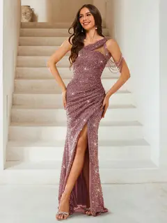 Sheath/Column One-Shoulder Floor-Length Ruched Evening Dresses with Sequins & Split Side — view 17