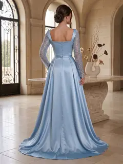 Sheath/Column Square Neck Long Sleeves Floor-Length Evening Dresses with Sequins & Beading — view 2
