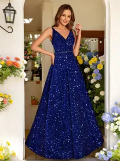 A-Line/Princess V-Neck Long Prom Dresses with Belt — view 1