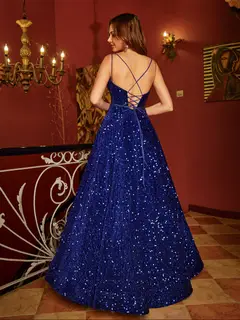 A-Line/Princess V-Neck Long Prom Dresses with Belt — view 2