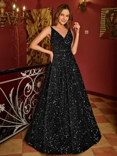 A-Line/Princess V-Neck Long Prom Dresses with Belt — view 8