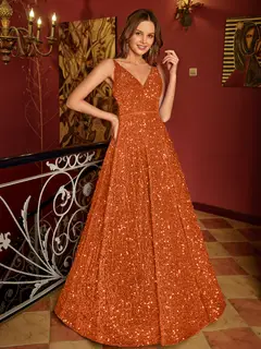 A-Line/Princess V-Neck Long Prom Dresses with Belt — view 9