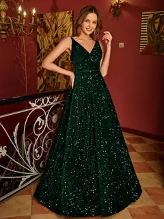 A-Line/Princess V-Neck Long Prom Dresses with Belt — view 10