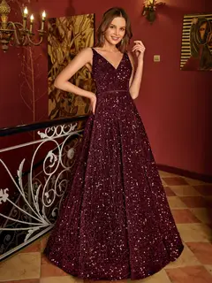 A-Line/Princess V-Neck Long Prom Dresses with Belt — view 11
