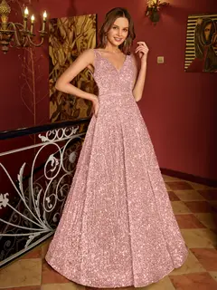 A-Line/Princess V-Neck Long Prom Dresses with Belt — view 12
