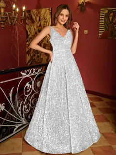 A-Line/Princess V-Neck Long Prom Dresses with Belt — view 13