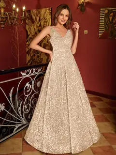 A-Line/Princess V-Neck Long Prom Dresses with Belt — view 14
