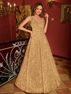 A-Line/Princess V-Neck Long Prom Dresses with Belt — view 15