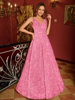 A-Line/Princess V-Neck Long Prom Dresses with Belt — view 16
