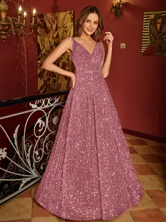 A-Line/Princess V-Neck Long Prom Dresses with Belt — view 18