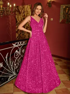 A-Line/Princess V-Neck Long Prom Dresses with Belt — view 19