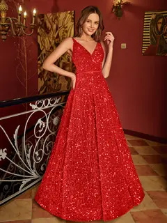 A-Line/Princess V-Neck Long Prom Dresses with Belt — view 20