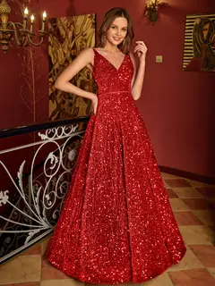 A-Line/Princess V-Neck Long Prom Dresses with Belt — view 21
