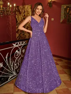 A-Line/Princess V-Neck Long Prom Dresses with Belt — view 22
