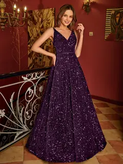 A-Line/Princess V-Neck Long Prom Dresses with Belt — view 23