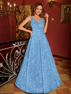 A-Line/Princess V-Neck Long Prom Dresses with Belt — view 25