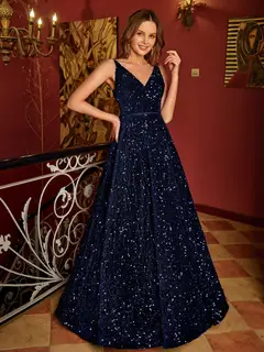 A-Line/Princess V-Neck Long Prom Dresses with Belt — view 26