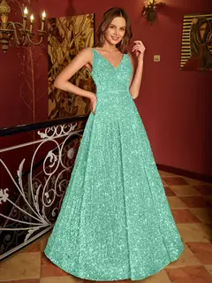 A-Line/Princess V-Neck Long Prom Dresses with Belt — view 27