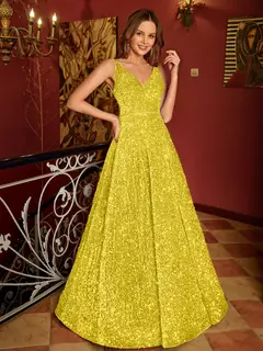 A-Line/Princess V-Neck Long Prom Dresses with Belt — view 29