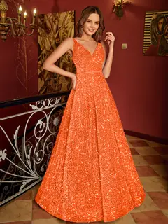A-Line/Princess V-Neck Long Prom Dresses with Belt — view 30