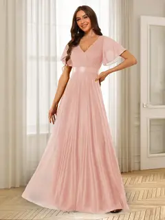 A-Line/Princess V-Neck Floor-Length Ruffles Bridesmaid Dresses — view 7