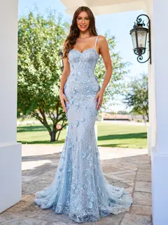 Trumpet/Mermaid Spaghetti Straps Sweetheart Long Prom Dresses with Applique & 3D Flowers — view 1