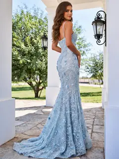 Trumpet/Mermaid Spaghetti Straps Sweetheart Long Prom Dresses with Applique & 3D Flowers — view 2
