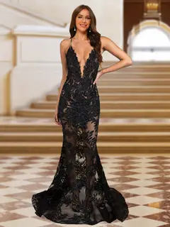 Trumpet/Mermaid V-Neck Sleeveless Evening Dresses with Applique — view 1