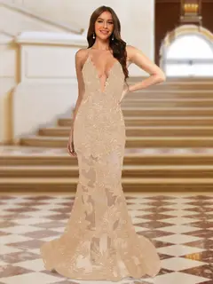 Trumpet/Mermaid V-Neck Sleeveless Evening Dresses with Applique — view 11