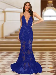 Trumpet/Mermaid V-Neck Sleeveless Evening Dresses with Applique — view 14