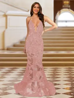 Trumpet/Mermaid V-Neck Sleeveless Evening Dresses with Applique — view 16