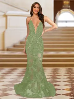 Trumpet/Mermaid V-Neck Sleeveless Evening Dresses with Applique — view 17