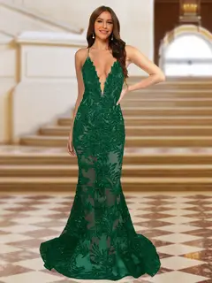 Trumpet/Mermaid V-Neck Sleeveless Evening Dresses with Applique — view 18