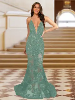 Trumpet/Mermaid V-Neck Sleeveless Evening Dresses with Applique — view 19