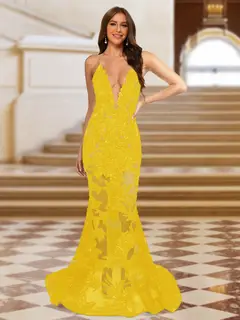 Trumpet/Mermaid V-Neck Sleeveless Evening Dresses with Applique — view 22