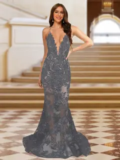 Trumpet/Mermaid V-Neck Sleeveless Evening Dresses with Applique — view 24