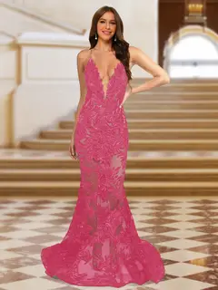 Trumpet/Mermaid V-Neck Sleeveless Evening Dresses with Applique — view 26