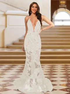 Trumpet/Mermaid V-Neck Sleeveless Evening Dresses with Applique — view 27