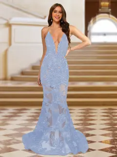 Trumpet/Mermaid V-Neck Sleeveless Evening Dresses with Applique — view 28