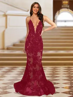 Trumpet/Mermaid V-Neck Sleeveless Evening Dresses with Applique — view 30