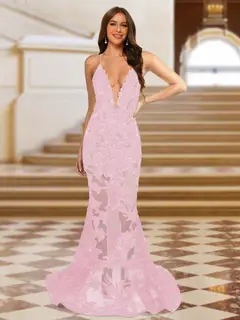 Trumpet/Mermaid V-Neck Sleeveless Evening Dresses with Applique — view 32