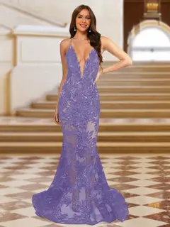 Trumpet/Mermaid V-Neck Sleeveless Evening Dresses with Applique — view 33