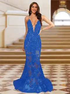 Trumpet/Mermaid V-Neck Sleeveless Evening Dresses with Applique — view 34
