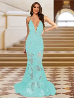 Trumpet/Mermaid V-Neck Sleeveless Evening Dresses with Applique — view 35