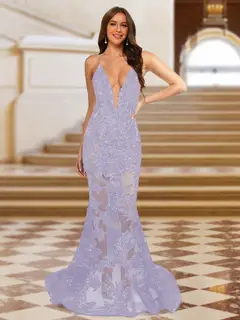 Trumpet/Mermaid V-Neck Sleeveless Evening Dresses with Applique — view 36