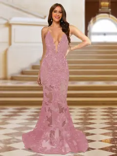 Trumpet/Mermaid V-Neck Sleeveless Evening Dresses with Applique — view 37