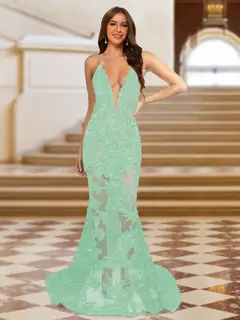 Trumpet/Mermaid V-Neck Sleeveless Evening Dresses with Applique — view 38