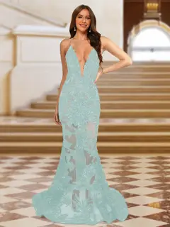 Trumpet/Mermaid V-Neck Sleeveless Evening Dresses with Applique — view 39