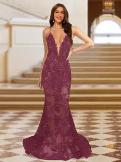 Trumpet/Mermaid V-Neck Sleeveless Evening Dresses with Applique — view 40